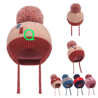 Contrast Pom-Pom Knitted Cap For Kids