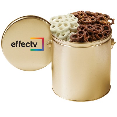 1 Gallon 3 Way Chocolate Pretzel Tin - Toffee, Milk Chocolate, Yogurt