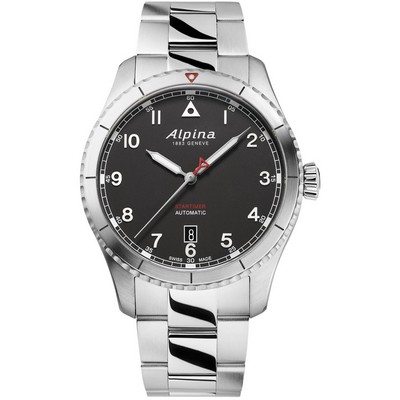 Alpina Mens Automatic Startimer Stainless Steel Bracelet Watch, Black Dial