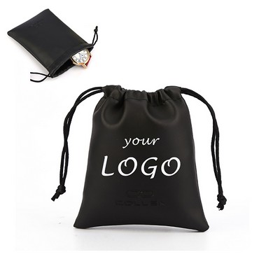 Black PU Leather Drawstring Pouch