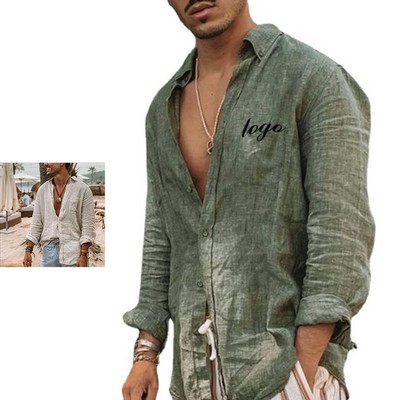 Linen Men'S V-Neck Long Sleeved Button Up Shirt