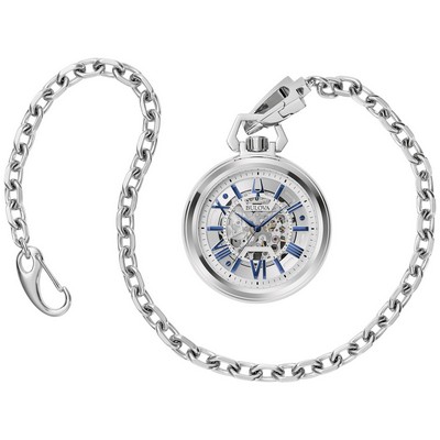 Bulova Watches Mens Sutton Stainless Steel Pocke Chain Watch Silver-Tone Dial