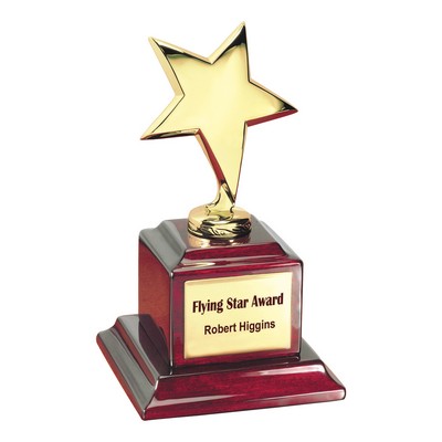 Gold Flying Metal Star Award Trophy on High Gloss Piano Wood Base