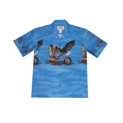 Blue Hawaiian Border Print Cotton Poplin Shirt w/ Button Front