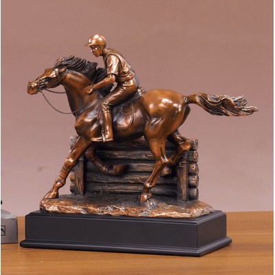 Copper Finish Jockey on Horse Trophy w/Fence & Rectangle Base (11.5"x10")