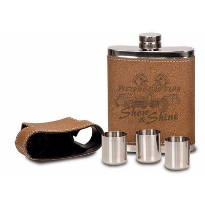 7 Oz. Light Brown Leather Flask Gift Set