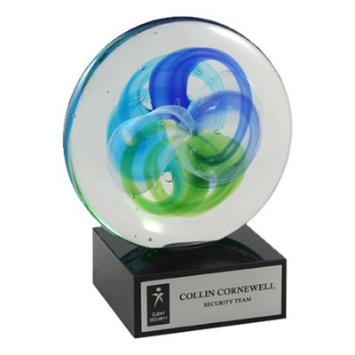 7" Art Glass Round Swirl Award w/Black Glass Base