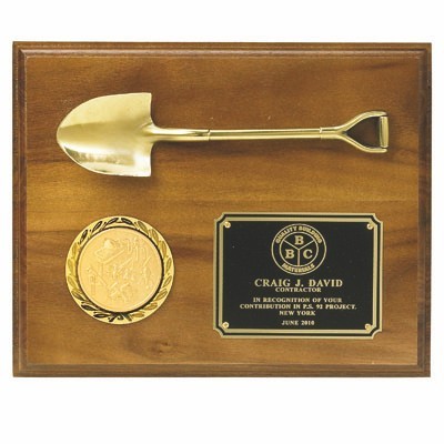 Plaque Genuine Walnut Finish w/Metal Shovel Holds 2" Insert (8"x10")