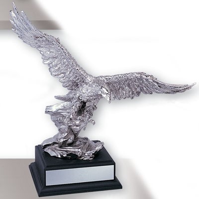 15" Electroplated Silver Resin Eagle Trophy w/Black Wood Base