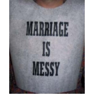 Stock "Marriage Is Messy" Design Poly Backed Paper Bibs w/Ties, minimum 25