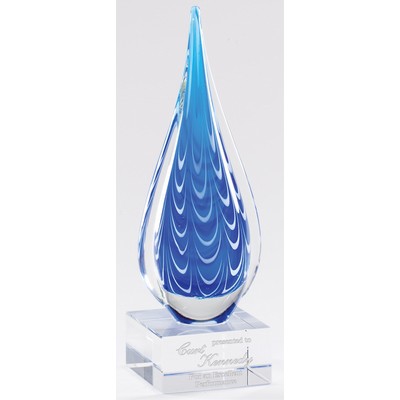 Blue and White Tear Drop Art Glass on Clear Glass Base, 10"