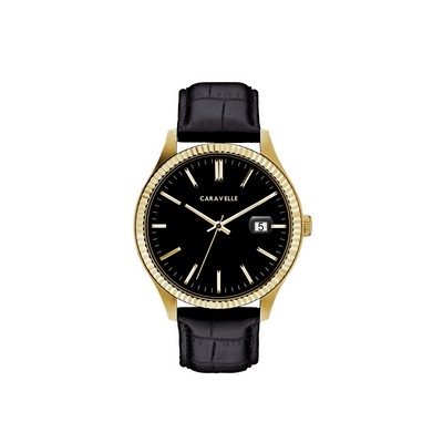 Caravelle Men's Black Leather Strap Watch (Black Dial)