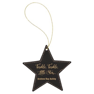 Black & Gold Laserable Leatherette Star Ornament w/Gold String