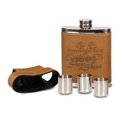 3.825" x 5.75" - Leather Flask and Shot Glasses