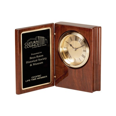 Walnut Piano Finish Book Clock with Black Brass Plate, 5"x6-1/2"