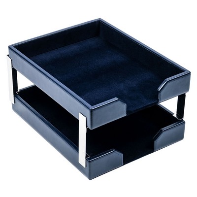 Bonded Leather Navy Blue Double Letter Tray w/Silver Post