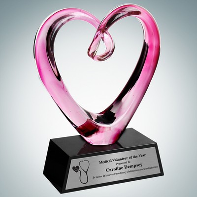 Art Glass Compassionate Pink Heart Award w/Black Base & Silver Plate