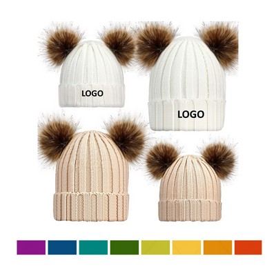 2PC Parent Kid Matching Beanie with Pom-pom