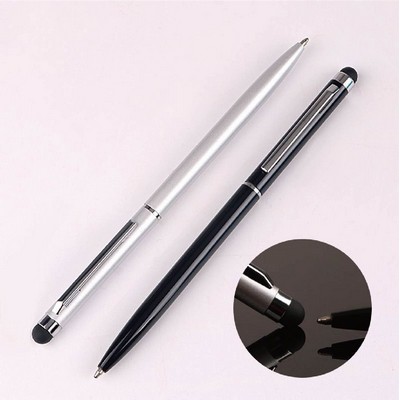 2-In-1 Twist Action Ballpoint Stylus Metal Pen w/ Silver Trim