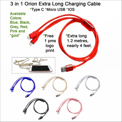 3 in 1 Orion Extra Long Charging Cable Red