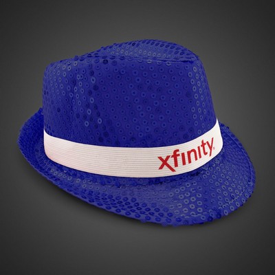 Blue Sequin Fedora Hat w/Silk Screened White Band