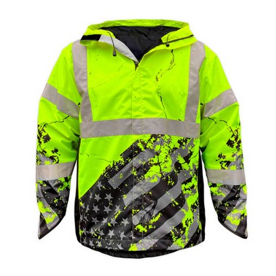 American Flag ANSI Class 3 Type-R Reflective Hi-Viz Yellow Safety Rain Jacket