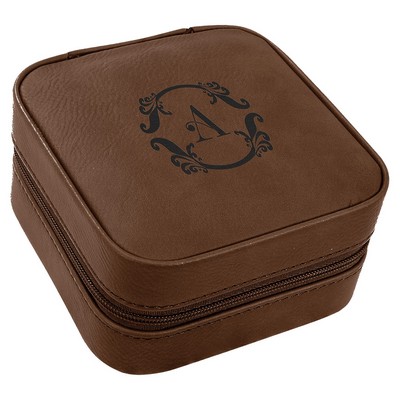 Faux Leather Travel Jewelry Box, Dark Brown, 4x4"