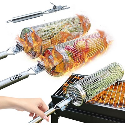 Stainless Steel BBQ Rolling Grilling Basket Outdoor Camping Cooking Accessories