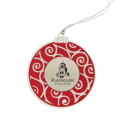 Cast Silver Holiday Ball Ornament w/Red Color-Fill