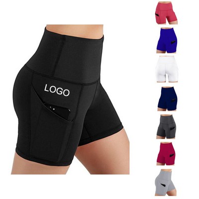 Fitness Athletic Workout Running Biker High Waist Yoga Spandex Shorts with Pockets