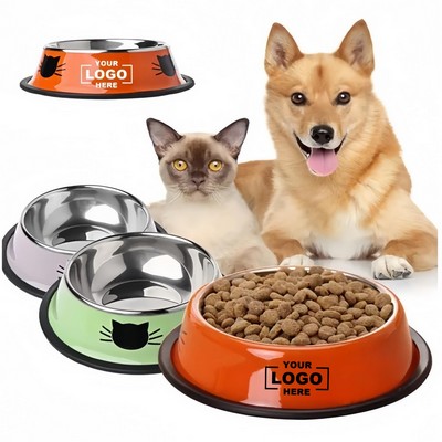 Colorful steel dog bowl with cat face printing