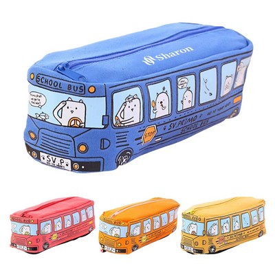 Cartoon Bus Pencil Pouch Large Canvas Zipper Bag