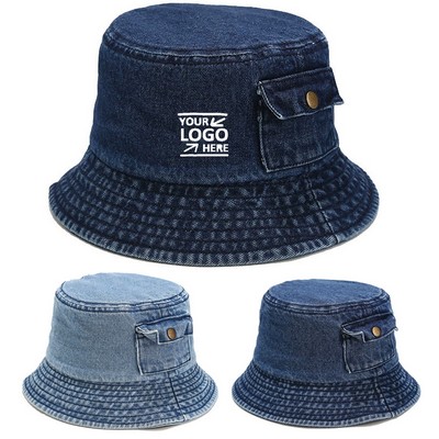 Denim Fisherman Bucket Hat With Pocket