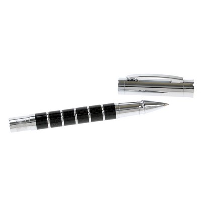 Black Barrel Roller Ball Pen w/Circular Chrome Rings