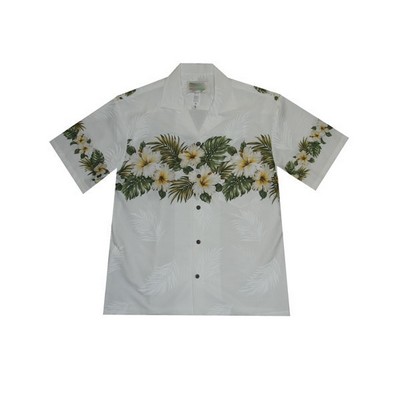 White Hawaiian Border Print Cotton Poplin Shirt w/ Button Front