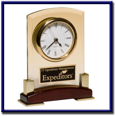 Beveled Glass Desktop Clock w/ Rosewood Base (6"x7 3/4")