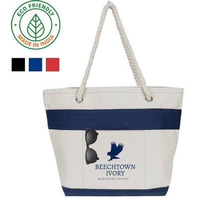 16 oz Cotton Canvas Tote Bag Navy Trim - Eco Friendly Nautical Rope Tote 18 x 13 x 7