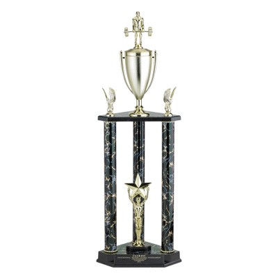 34½" Triple Marbled Column Trophy w/Cup & Riser & Figure (Sold Separately)