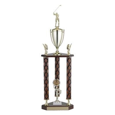 31" Three Column Walnut Finish Trophy w/Eagle Trim & Cup, Takes Figure & Insert