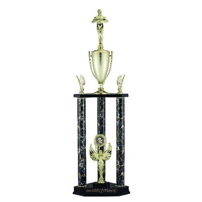 37" Black & Gold 3-Column Trophy w/Cup & Trim Takes Figure & Insert