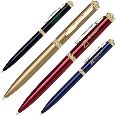 Twist Action Brass Ballpoint Pen w/ Simulated Diamond Embedded Top