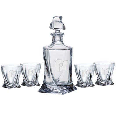 Quadro Decanter (28.75 oz.) with Four Matching (11.5 oz.) Quadro Rocks Glasses Set (5 Piece Set)