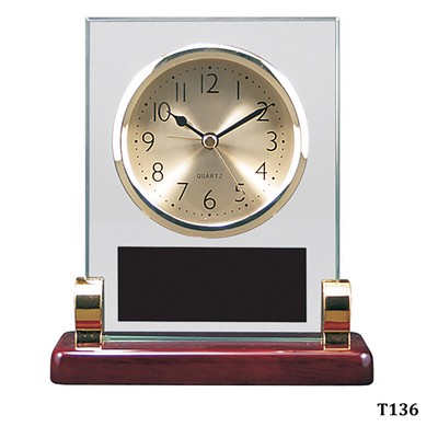 Rosewood Piano Finish Rectangle Desk Clock w/Metal Posts, 6-1/2"H