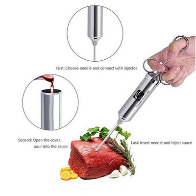 Stainless Steel Meat Injector With 3 Marinade Needles And 2 Cleaning Brush