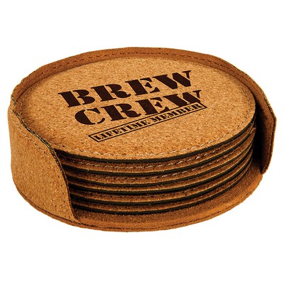 4" Round 6-Coaster Set with Holder, Laserable Cork