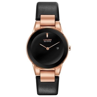 Citizen Ladies' Eco-Drive Pink Gold-Tone Black Leather Watch