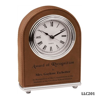 Dark Brown Arch Desk Clock, Laserable Leatherette, 4" x 5-1/2"