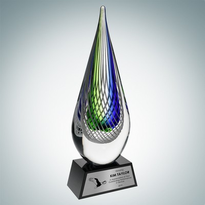 Art Glass Ocean Green Narrow Teardrop Award w/Black Base and Silver Plate