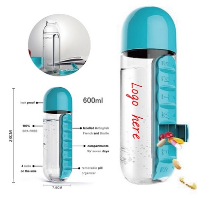 600ML Clear Water Bottle W/ Daily Pill Box