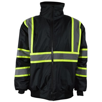 Black Waterproof Quilted Bomber Jacket with High-Vis Lime Contrast Binding